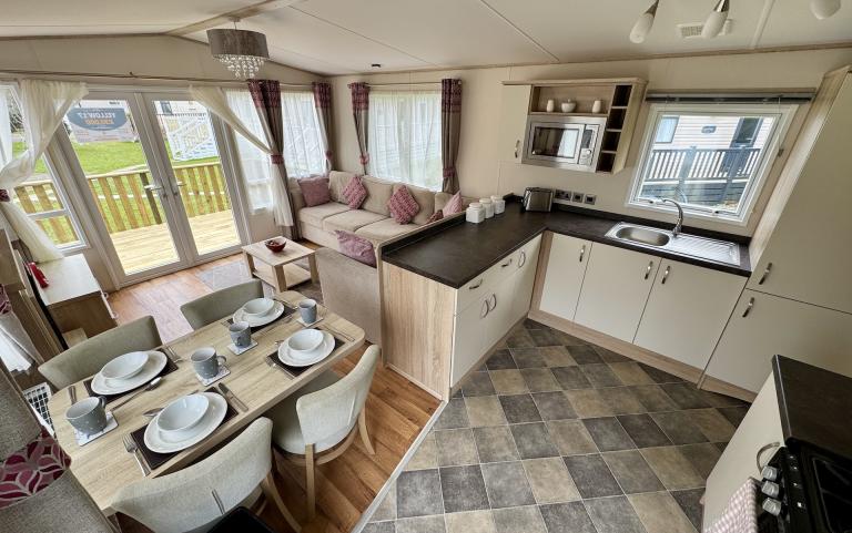 Interior view of the open plan kitchen and dining area.