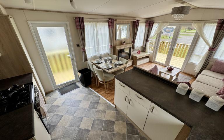 Interior view of the open plan kitchen and dining area.